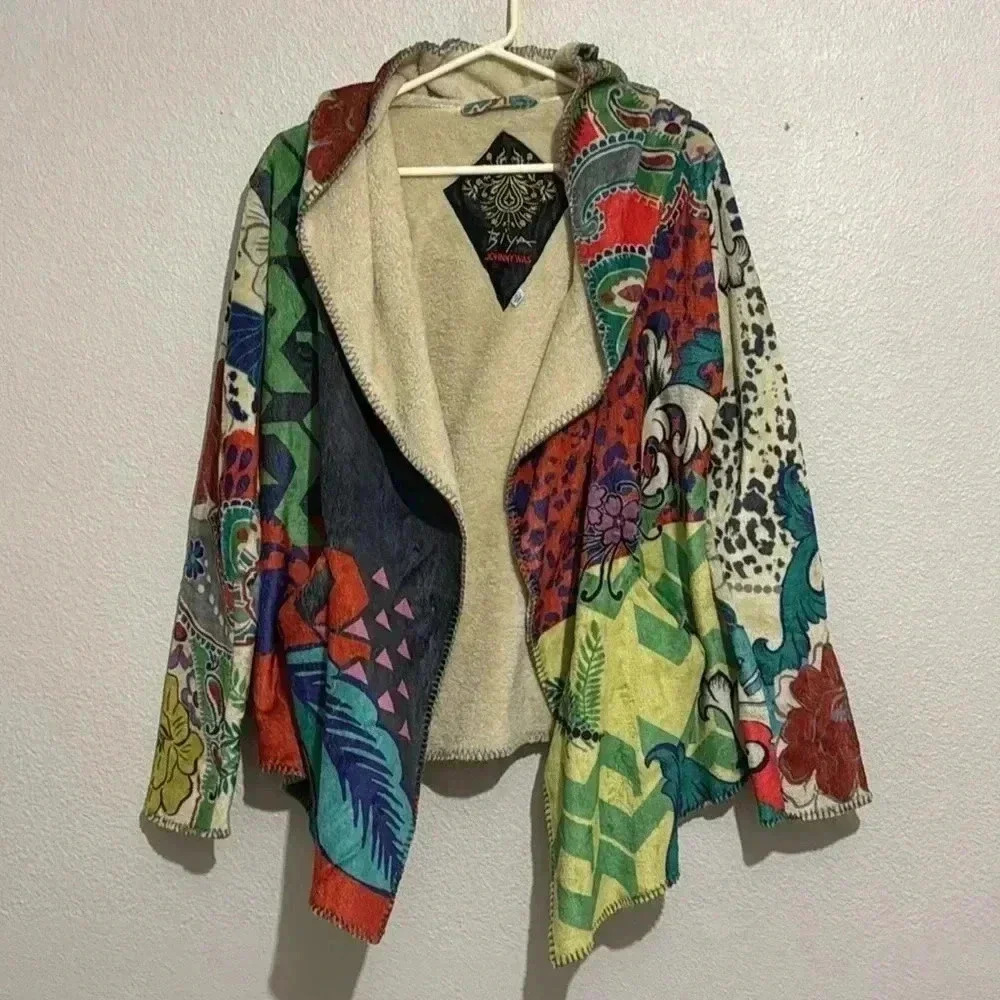 Johnny Was Peace Love Long Sleeve Sherpa Pullover Hoodie Colorful Boho Fuzzy - Picture 2 of 6